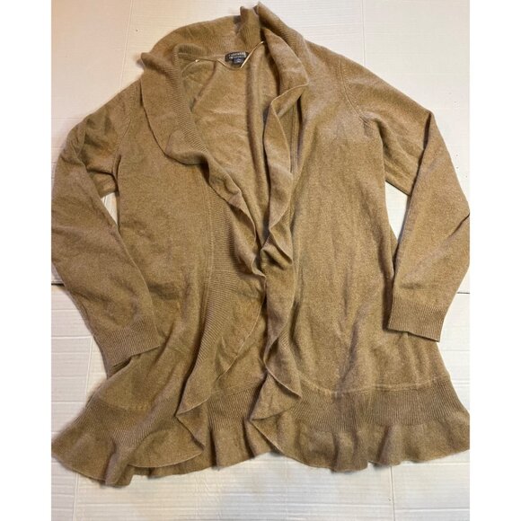 Charter Club Womens 100% cashmere Ruffle Cardigan Sweater L Tan open front soft - Picture 2 of 11